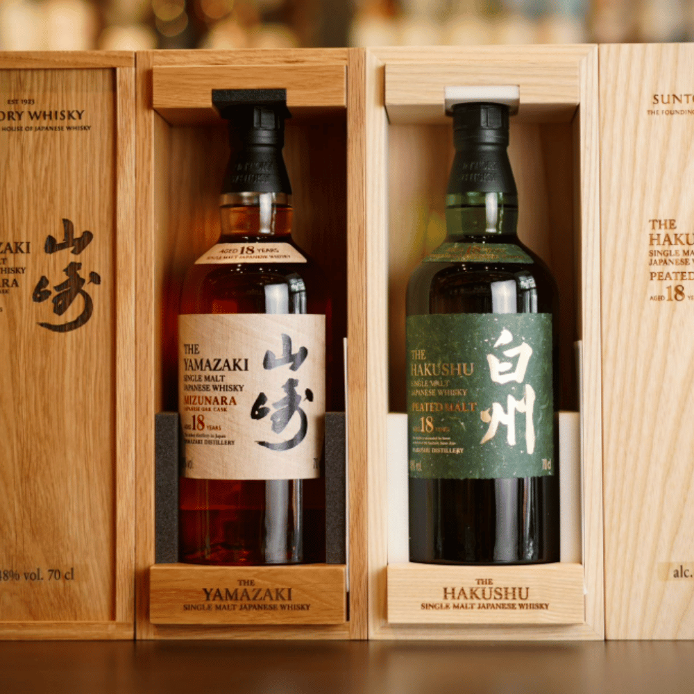 2025 Yamazaki Mizunara 18 Year Old with Solid Wooden Box & Hakushu 2025 Yamazaki Mizunara 18 Year Old with Solid Wooden Box & Hakushu