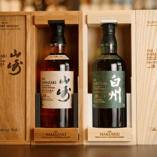 2025 Yamazaki Mizunara 18 Year Old with Solid Wooden Box & Hakushu 18 Year Old Peated