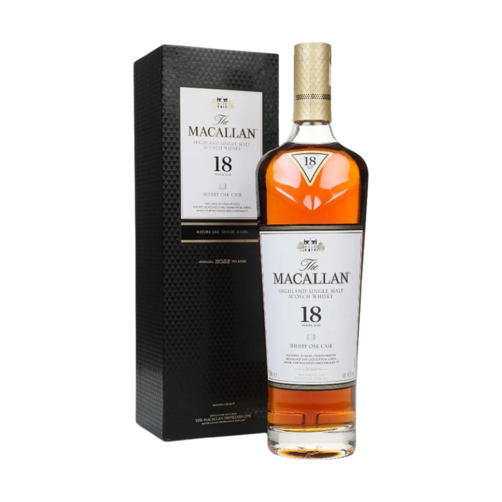 Macallan 18-Year Sherry Oak whisky bottle with box.